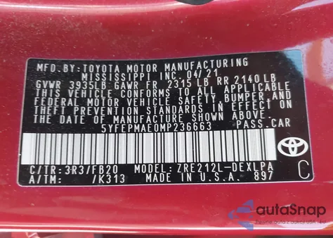 2021 Toyota Corolla Le z USA, uszkodzony, nr VIN 5YFEPMAE0MP236663